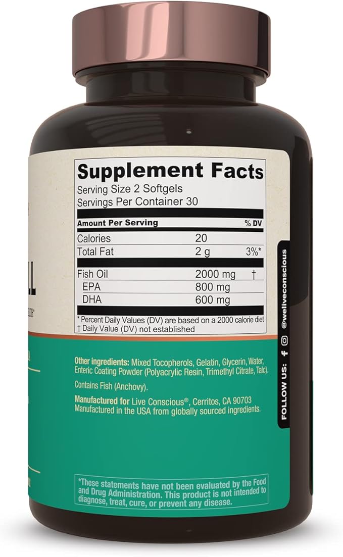 Live Conscious OmegaWell Fish Oil: Heart, Brain, and Joint Support | 800 mg EPA 600 mg DHA - Enteric-Coated, Sustainably Sourced - Easy to Swallow 120 Count (2-Pack)