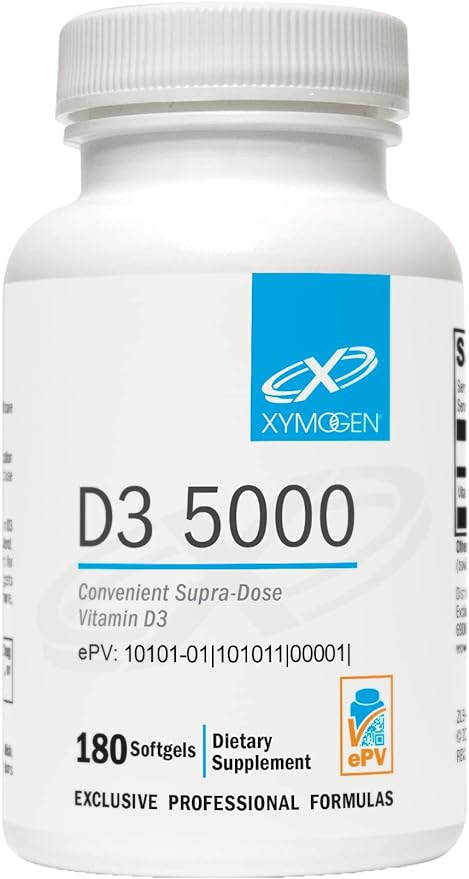XYMOGEN D3 5000 - Bioavailable Vitamin D3 5000 IU (125 mcg) - High Potency Vitamin D Supplement to Support Immune Health, Bone + Heart Health (180 Softgels)