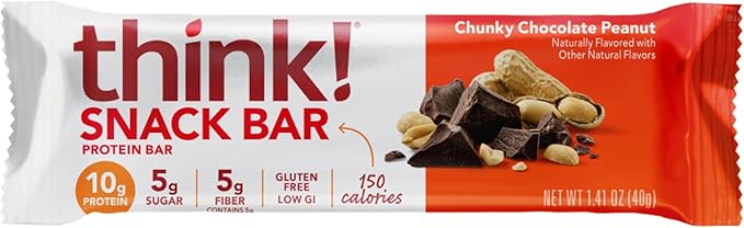 think! Protein Bars with Chicory Root for Fiber, Digestive Support, Gluten Free with Whey Protein Isolate, Chunky Chocolate Peanut, Snack Bars without Artificial Sweeteners, 1.4 Oz (10 Count)