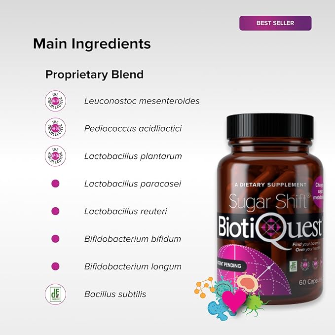 Sugar Shift Probiotics to Change Sugar Metabolism and Reduce Inflammation, 22 Billion CFU, Non-GMO and Gluten Free, 60 Capsules