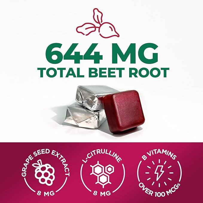 Beet Chews - Soft Beet Root Chewables with Grape Seed Extract Supports Heart Health & Energy with Powerful Antioxidants - Nature's Beetroot Nitric Oxide Supplement, Berry Flavor - 60 Vegan Soft Chews