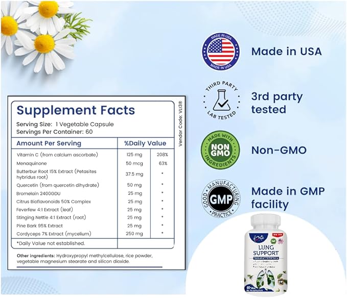 Amate Life Lung Support Dietary Supplements Herbal Breathing Support 10 Active Ingredients Original Formula for Lung Health Lung Cleanse Formula Supplement for Bronchial System 60 Capsules Non GMO