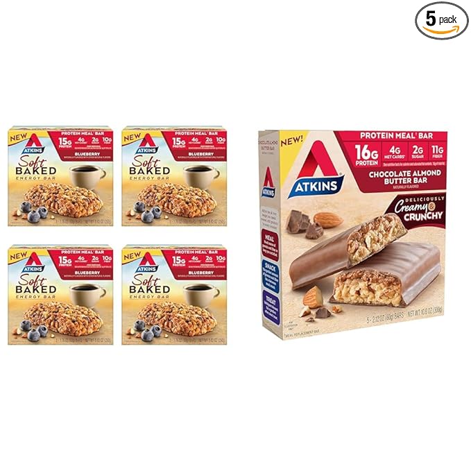 Atkins Soft Baked Energy Bars, Blueberry, 15g Protein,2g Sugar, Excellent Source of Fiber, Low Carb, 4 Packs (5 Bars Each) & Chocolate Almond Butter Protein Meal Bar, Keto Friendly, 5 Count