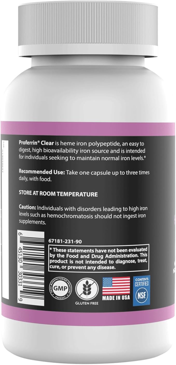 Proferrin Clear Heme Iron Supplement, 90 Capsules- Superior Absorption, Easy on The Gut, Natural, Made in The US