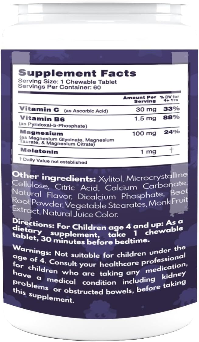 VAL Kids Melatonin Plus Magnesium, B6, Vitamin C, Bedtime Routine Supplement, Children’s Relaxation and Sleep Support for Kids 4+, Drug Free, Sugar Free, Natural Fruit Punch Flavor, 60 Chew Tabs