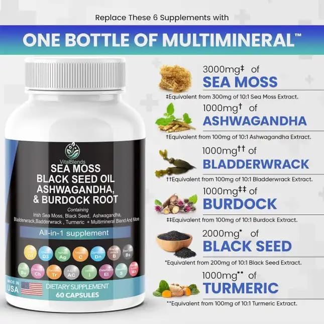 Sea Moss 3000mg Black Seed Oil 2000mg Ashwagandha 1000mg Turmeric 1000mg Bladderwrack 1000mg Burdock 1000mg & Vitamin C & D3 with Elderberry VitalBlends