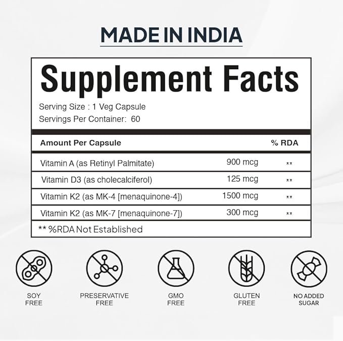 Vitamin ADK Multivitamin Contains Vitamin A - D3 - K2 Vitamin ADK Supplement for Men and Women - 60 Capsules