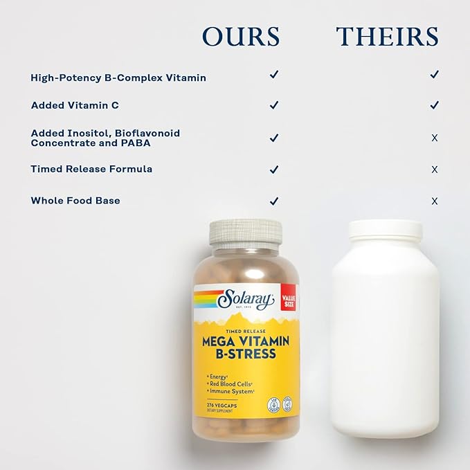 SOLARAY Mega Vitamin B-Stress - Timed Release Vitamin B Complex w/Vitamin B12, B6, Folic Acid, VIT. C - Stress, Energy, Red Blood Cell, Immune Support - Vegan, 60-Day Guarantee (276 CT)