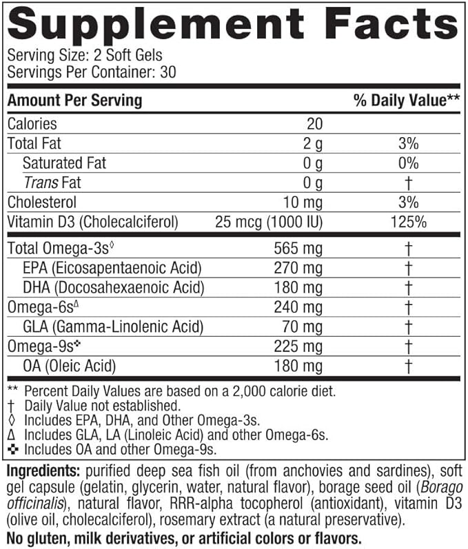 Nordic Naturals Complete Omega-D3, Lemon Flavor - 565 mg Omega-3 + 70 mg GLA + 1000 IU Vitamin D3-60 Soft Gels - EPA & DHA - Healthy Skin & Joints, Cognition, Positive Mood - Non-GMO - 30 Servings