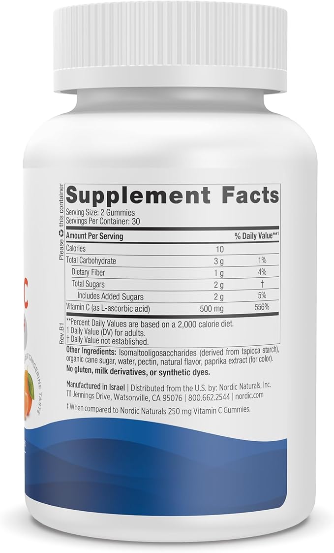 Nordic Naturals Vitamin C Extra Strength Gummies - Tangerine Flavor - 60 Gummies - 500 mg Vegan Vitamin C Supplement - Low-Sugar Immune-Support Gummies - 30 Servings