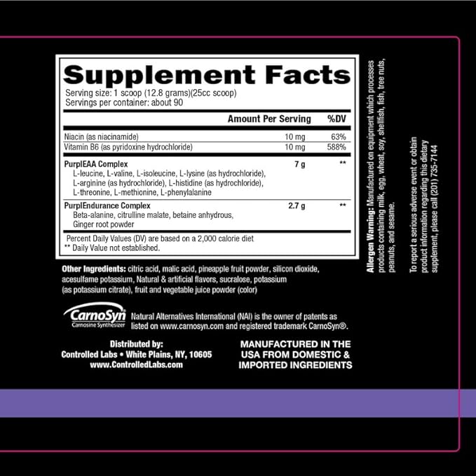 CONTROLLED LABS Purple Wraath, BCAA and EAA Amino Acid Supplement, with Endurance Blend Intra Workout Powder, Optimal Endurance, Focus, and Stamina (Pineapple, 90 Servings)
