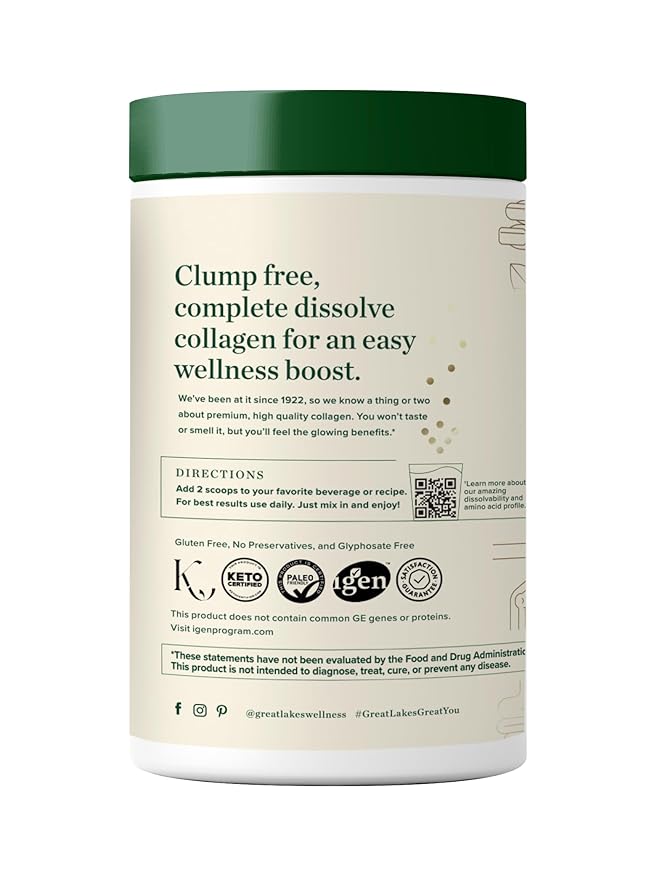 Great Lakes Wellness Collagen Peptides Powder for Skin, Hair, Nails, Joints & Digestion - Unflavored - Quick Dissolve Hydrolyzed, Non-GMO, Keto, Kosher - 10 oz - Packaging May Vary