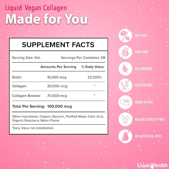 LIQUIDHEALTH 100% Vegan Collagen Plus Biotin 100,000mcg Liquid Drops - Plant-Based Liquid Collagen for Women, Men - Hair & Nail Growth, Skin Health, Boosts Metabolism - Non-GMO, Sugar Free (2 oz)