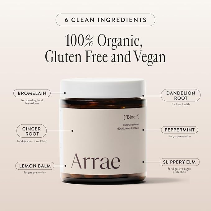 Arrae Fast-Acting Bloating Relief Digestive Enzymes, All Natural Bloat, Gas & Indigestion Relief Capsules, 60 Count
