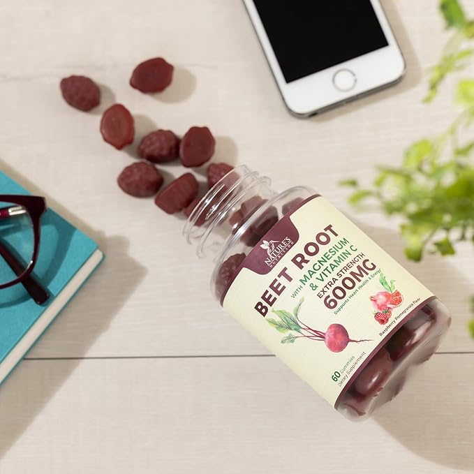 Beet Root Supplement Gummies with Vitamic C & Magnesium - Energy Heart Health Support, Supports Nitric Oxide Production - Gluten Free, Non-GMO Beets Root Gummy - Pomegranate Berry Flavor - 60 Gummies