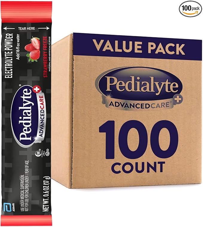Pedialyte AdvancedCare Plus Electrolyte Powder, Strawberry Freeze, Has PreActiv Prebiotics, Electrolyte Drink, 100 Single-Serving Powder Packets