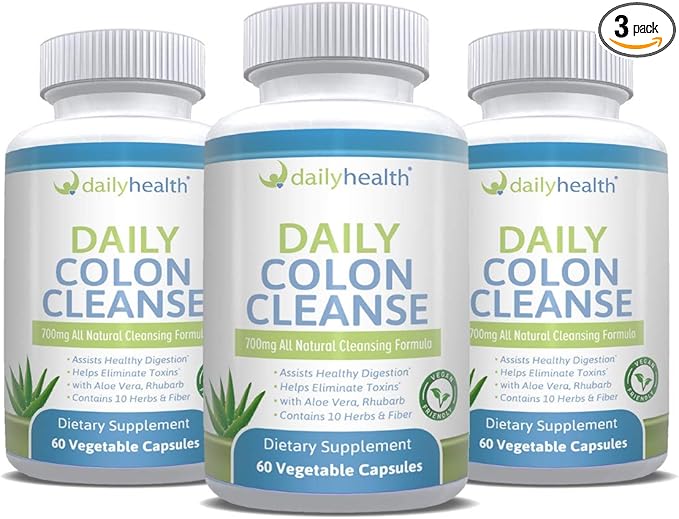 Daily Colon Cleanse 700mg All Natural 10 Herbs, Vegan Friendly 180 Capsules Fiber, Alfalfa, Aloe Vera, Rhubarb, Gentian, Buckthorn, Goldenseal, Lactobacillus acidophilus