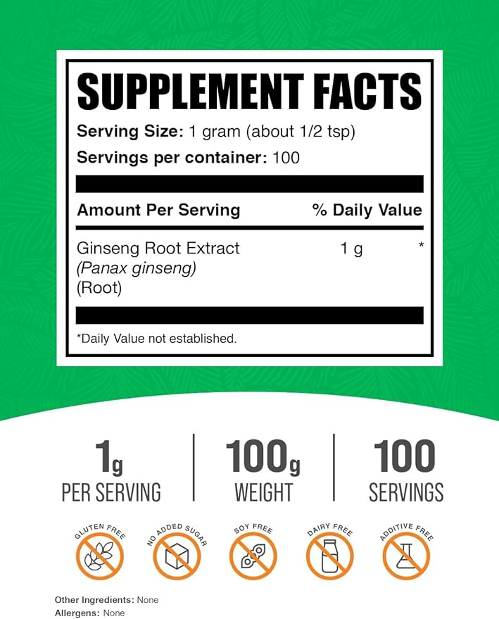 BulkSupplements.com Ginseng Root Extract Powder - Ginseng Supplement, Ginseng Herbal Supplements, Panax Ginseng - Vegan & Gluten Free, 1000mg per Serving, 100g (3.5 oz) (Pack of 1)