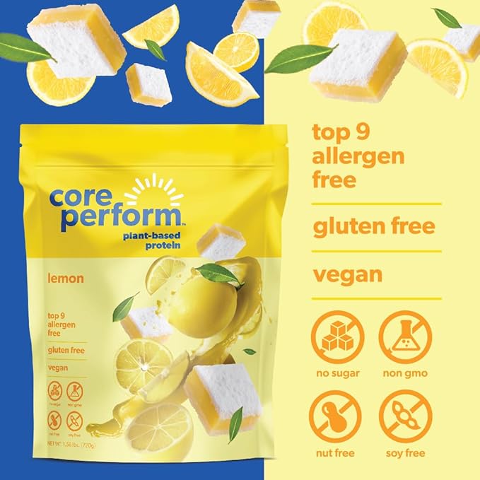 Core Perform's Plant Based Lemon Protein Powder, Low Fodmap, Gluten Free, Non GMO and Vegan, Developed by a Gut Health Registered Dietitian (20 Servings)