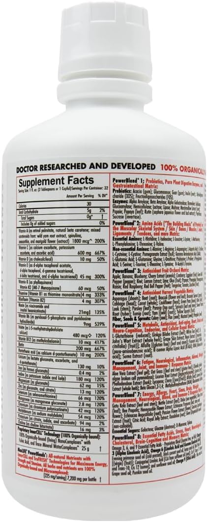 – Complete Organic Liquid Multi Vitamin, 100% Carbon Bonded, 265 Essential Nutrients, Vitamin A, C, D, E, Biotin, Magnesium, Zinc, Non GMO (32oz,Strawberry Kiwi Sugar Free)