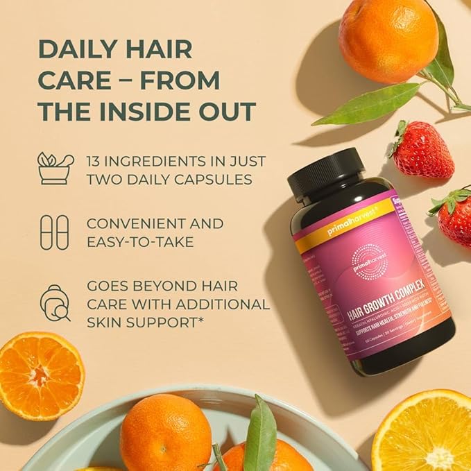 Primal Harvest Primal Hair Complex 1 Pack, Regrowth Hair Supplement for Women & Men, Natural Hair Vitamins w/Thickening Products Biotin & Zinc (60 Capsules)