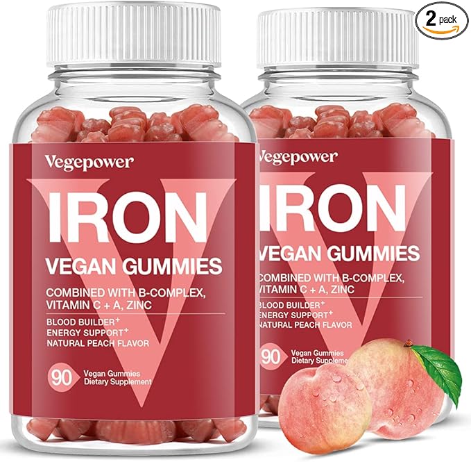 Vegan Iron Gummies Supplement - Multivitamin with Iron for Women & Kids - Blood Builder & Energy Support for Iron Deficiency, Anemia, No After Taste - Peach Flavor(2 Packs)