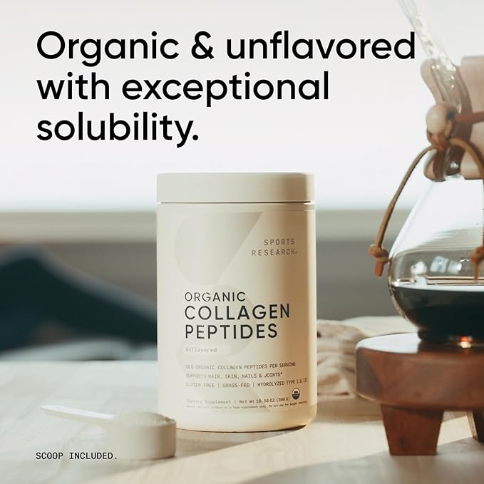 Sports Research® Organic Collagen Peptides - Hydrolyzed Type I & III Collagen Protein Powder Made Sustainably from Grass-Fed Cows - Unflavored - 30 Servings