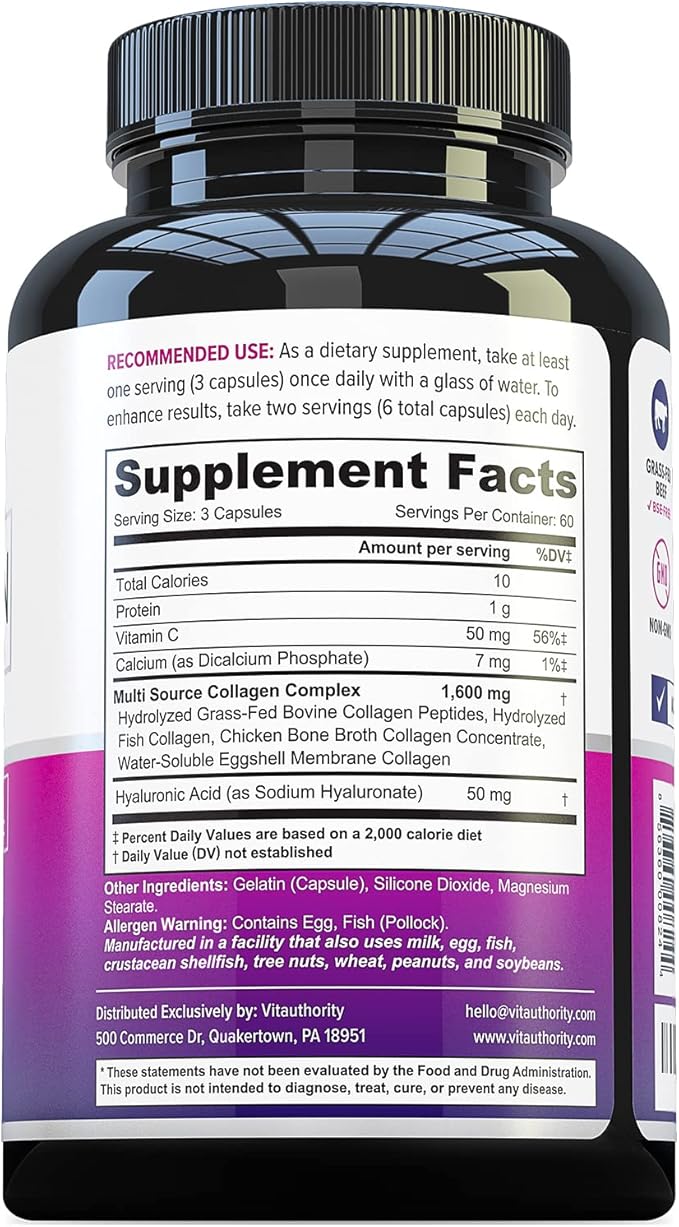 Vitauthority Multi Collagen Pills for Women and Men High Absorption Hydrolyzed Collagen Peptides Capsules for Hair Skin and Nails with Types I II III V X Hyaluronic Acid and Vitamin C - 60 Servings