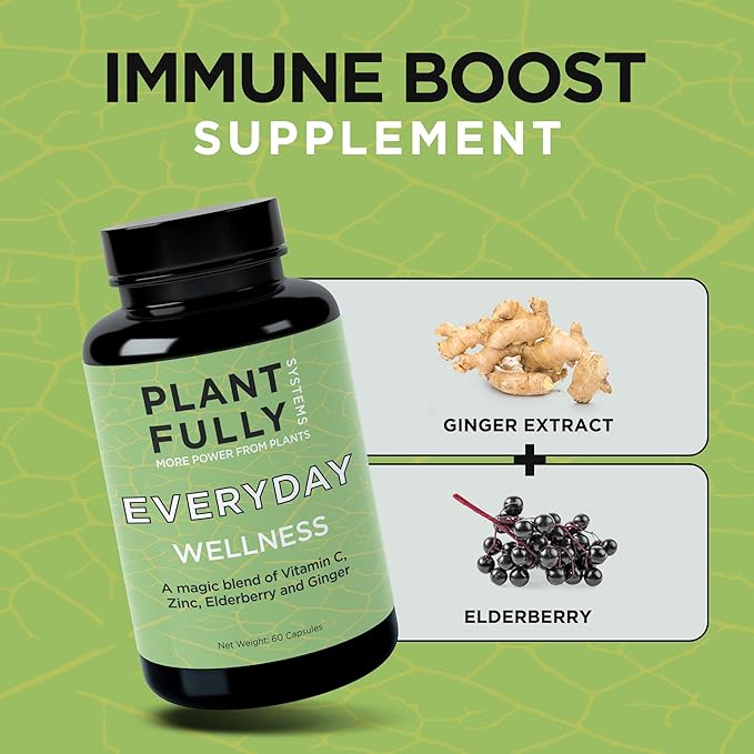 Wellness Supplement (30 Capsules) - Ginger, Elderberry, Vitamin C, and Zinc Blend to Support Immune Health and antioxidant Levels, Boost Immunity, Vegan, Non-GMO, Sugar Free