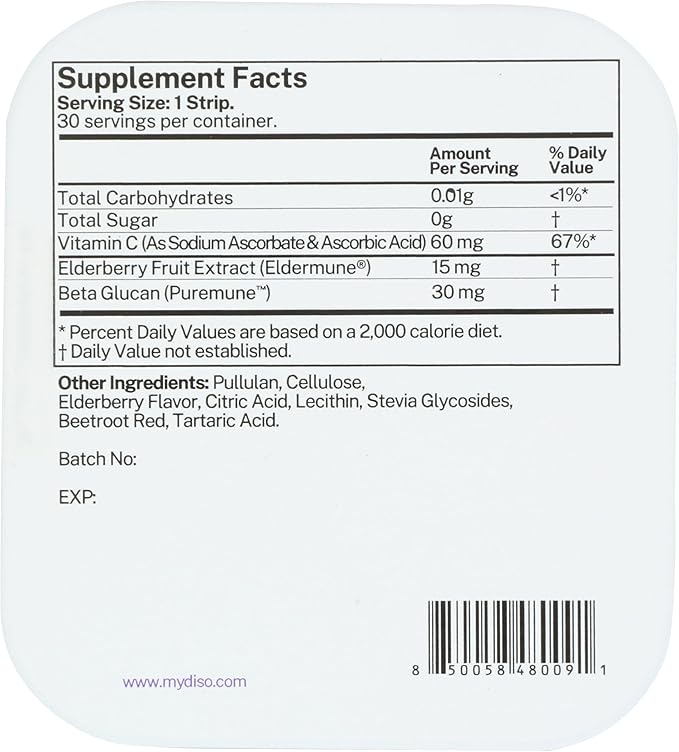 DISO - Vitamin C - Oral Dissolvable Supplement Strips, Elderberry Flavor, Boosts Immunity, Vegan, 0 Sugar, Maximum Absorption, Gluten Free, Individually Wrapped, 30 Ct