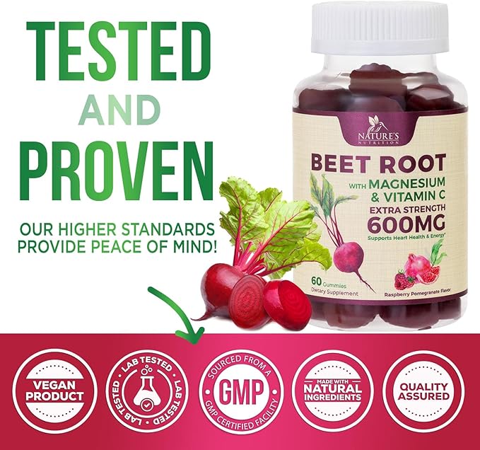 Beet Root Supplement Gummies with Vitamic C & Magnesium - Energy Heart Health Support, Supports Nitric Oxide Production - Gluten Free, Non-GMO Beets Root Gummy - Pomegranate Berry Flavor - 60 Gummies