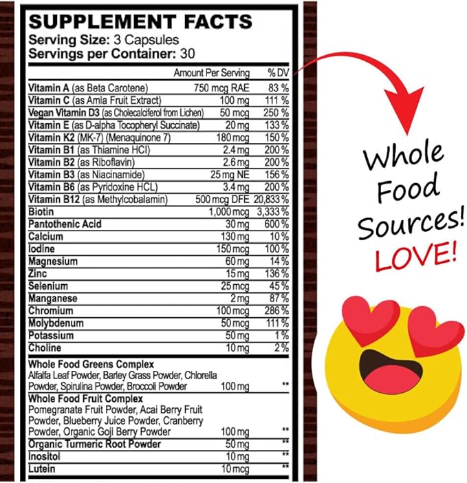 Whole Food Multivitamin Fruit & Super Greens All-in-one Vitamin Complex, 90 Vegan Capsules - Daily Vitamin for Women and Men - Iron, Zinc, B12, Vitamin A, D3 and More