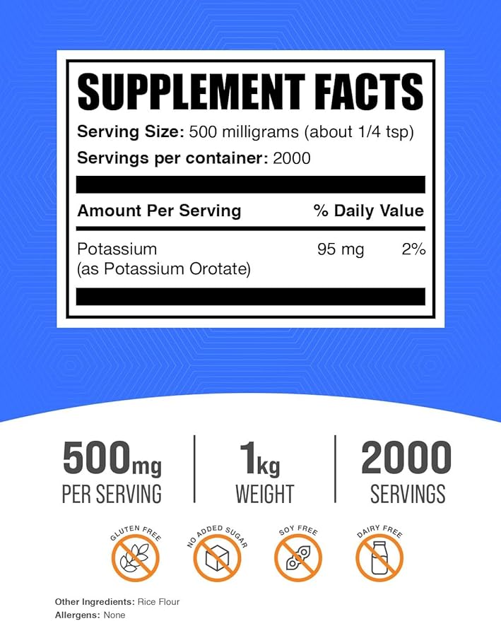BulkSupplements.com Potassium Orotate Powder - Potassium Supplement, Potassium Orotate 500mg, Potassium Powder - Gluten Free, 500mg (95mg Potassium) per Serving, 1kg (2.2 lbs) (Pack of 1)