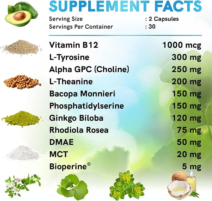 11-in-1 Nootropic Brain Supplements: Memory & Focus Supplement with Ginkgo Biloba, L Theanine, Bioperine, & Alpha GPC Choline - 1321mg, 60ct - Stimulant Free, Vegan - Focus Brain Support (1 pack)