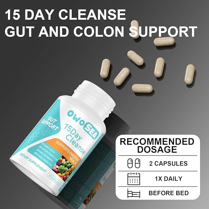 15 Day Cleanse Gut and Colon Support for Women & Men Colon Detox Cleanse Digestive Health Support Supplement Bloating Constipation Relief Boost Energy Daily Cleanse 30 Capsule