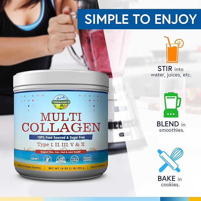 Terranics Multi Collagen Peptides Powder, Type I II III V X Hydrolyzed Collagen for Women+Men, Collagen Supplements for Skin Nail Hair & Joint, Fast Dissolve, Unflavored Colageno, No Sugar, Keto, 16oz