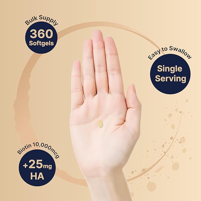 Biotin 10000mcg + Hyaluronic Acid 25mg | 360 Coconut Oil Softgels, Premium Biotin Vitamins for Hair Skin and Nails, Highly Purified and Bioavailable, Quick Release