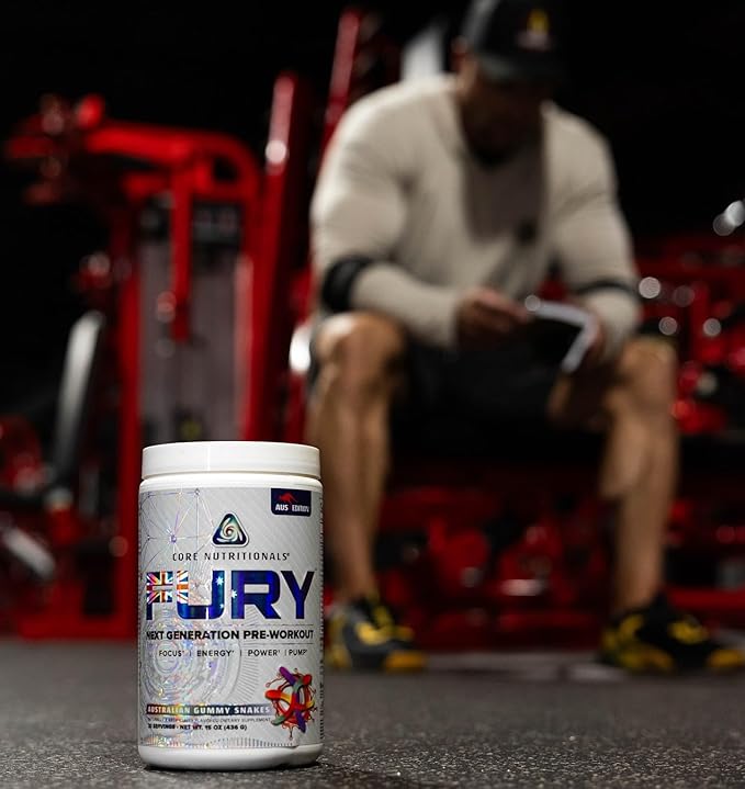 Core Nutritionals Fury Platinum Pre Workout Intensifier with 375mg Caffeine, 5G Creatine Monohydrate, 6G L-Citruline for Maximum Pump, Power, Focus and Energy, 20 Servings (Austrailan Gummy Snakes)