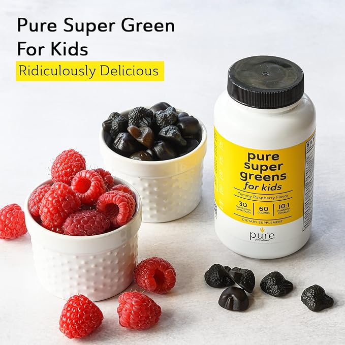 Super Greens Multivitamin Gummies for Kids - Immune Support & Digestive Health - Daily Fiber Probiotic Supplement - Fruit & Veggie Chewable Gummy - Raspberry Flavor - 60-Day Supply