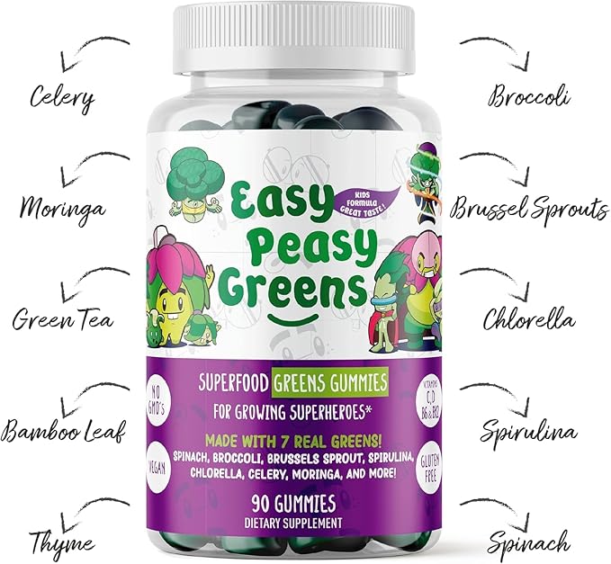 EasyPeasyGreens Daily Veggie Gummies for Kids - 90 Greens Gummies - Helps Picky Eaters Get Their Veggies in - Made with 10 Real Vegetable Extracts and 100% Vegan