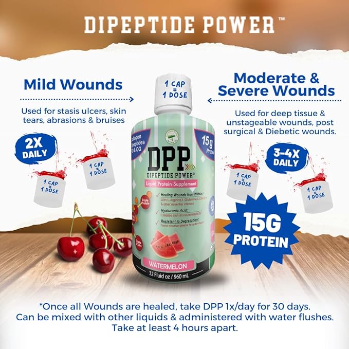 Nutritional Designs DPP Dipeptide, Wound-Healing Liquid Collagen & Whey Protein Supplement, Sugar-Free, Promotes Healthy Skin & Hair for Men & Women (Watermelon, Bottle 32 Fl Oz)