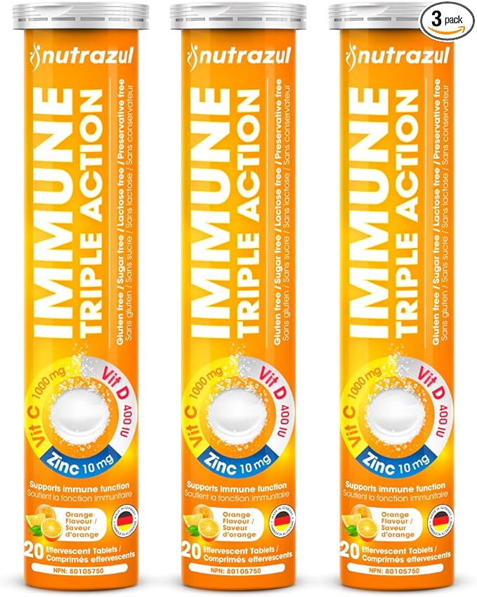nutrazul Immune Triple Action Effervescent Tablet-1000 mg Vitamin C, Vitamin D, Zinc I Orange 20's (Pack of 3) I Gluten Free, Sugar Free, Lactose Free & Preservative Free I Maintains Immune Function