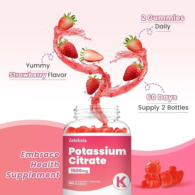 2 Pack Potassium Gummies for Adults & Women, 1500mg Potassium Citrate Supplement, Support Leg Cramps, Muscle Health & Electrolyte Balance, Sugar Free, Organic, Vegan, Strawberry, 120 Cts