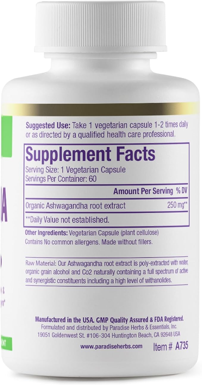 Paradise Herbs Organic Ashwagandha, Ayurvedic Adaptogen, Vegan, Non GMO, Gluten Free, 180 Vegetarian Capsules