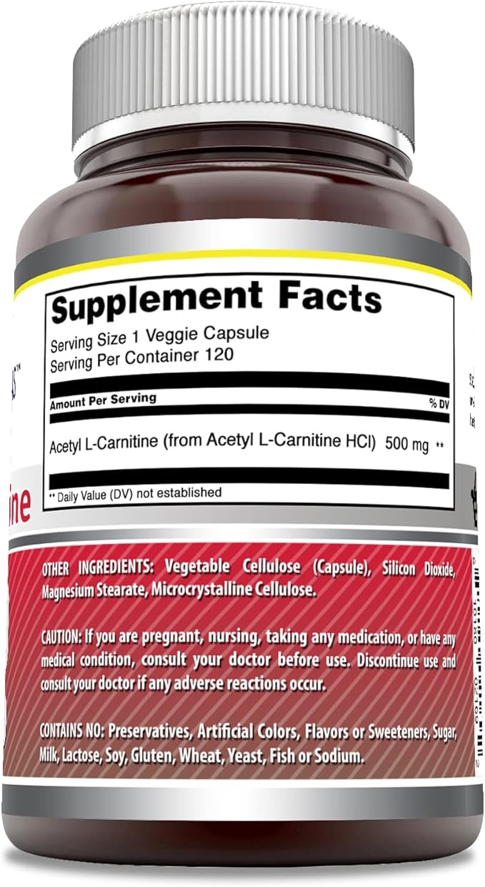Amazing Formulas Acetyl L-Carnitine Hcl Supplement | 500 Mg Per Serving | 120 Veggie Capsules Supplement | Non-GMO | Gluten Free | Made in USA
