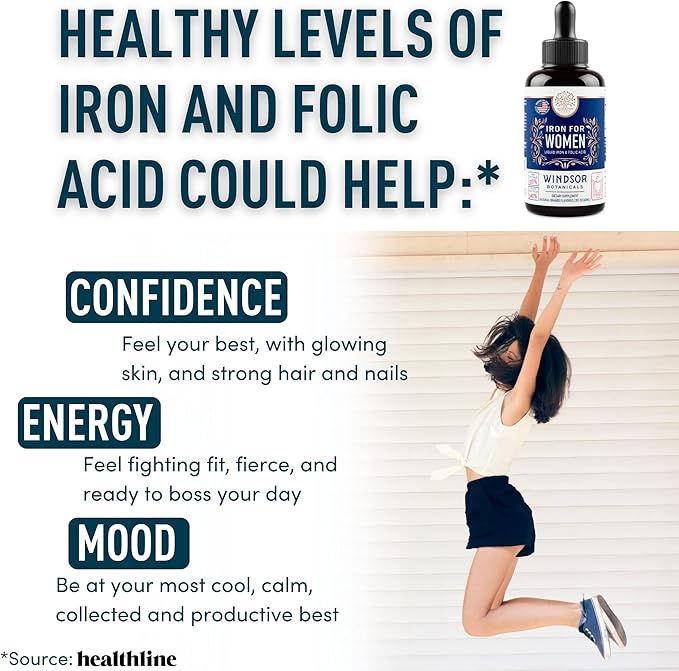WINDSOR BOTANICALS Liquid Iron Supplements for Anemia - Folic Acid, Vitamin C, Vegan Iron Blood Builder and Anemia Supplement - 2 oz Orange Flavor Gentle Iron Drops for Women