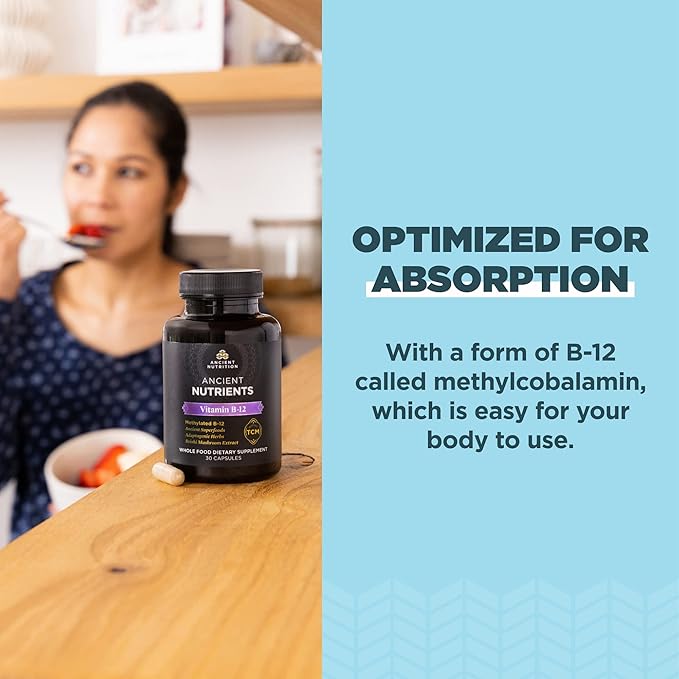 Vitamin B12 Supplement by Ancient Nutrition, Supports Energy Metabolism and Nervous System Health, Adaptogenic Herbs, Enzyme Activated, Paleo & Keto Friendly, 30 Capsules
