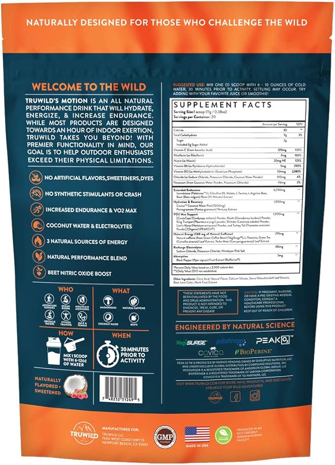 TruWild Motion - 3 Pack, All Natural Plant Based Vegan Pre Workout Powder for Men & Women, Clean Energy Supplement with Electrolytes, Increased VO2 Max, No Chemicals, Fillers or Synthetic Stimulants