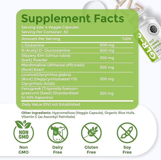 Intestinal Fortitude GLR-6 - Gut Lining Repair Supplement for Gut Health - Leaky Gut Repair with L-Glutamine, Slippery Elm, DGL Licorice Root, Marshmallow Root, Fenugreek - IBS, IBD, GERD - Vegan