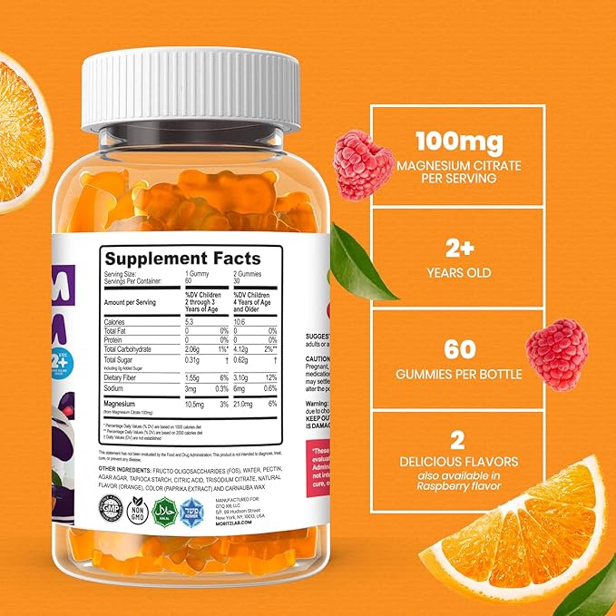 Sugar-Free Calm Magnesium Gummies for Kids and Adults (Orange) - Kids Magnesium Gummies for Relaxation & Sleep Support - Magnesium Citrate Gummies (60 Count)